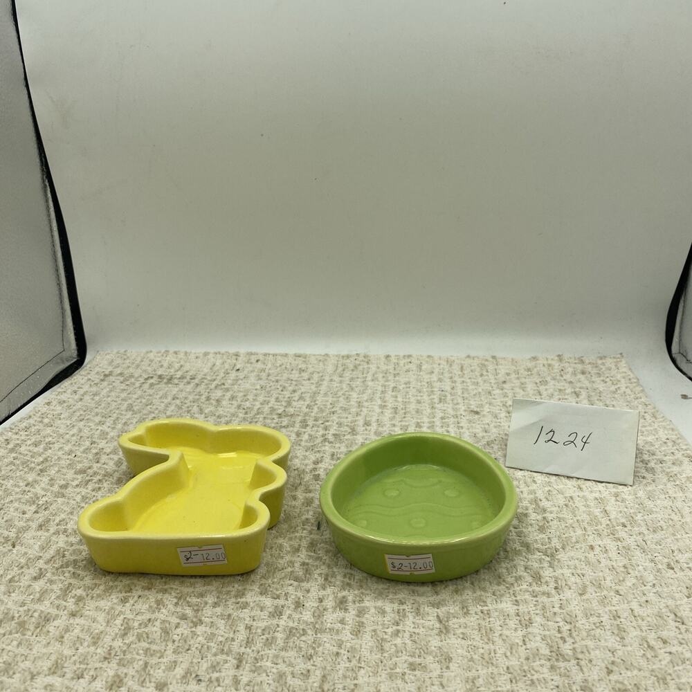 Yellow Bunny Rabbit & Green Easter Egg Serving Dishes FSG Stoneware